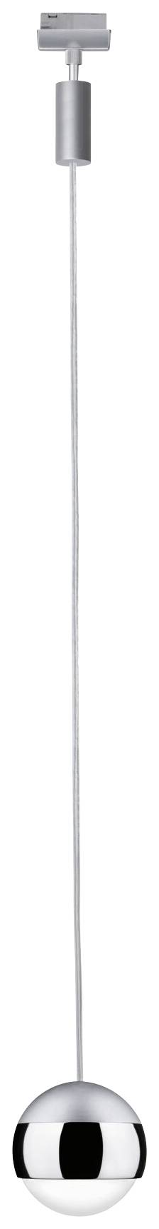 Strieborná závesná lampa s moderným dizajnom a guľovitým tienidlom. Vhodná do súčasných interiérov.