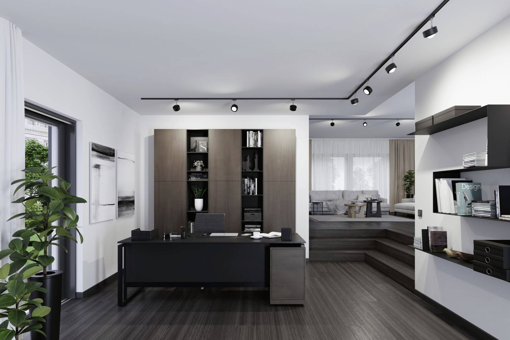 Domáca kancelária s moderným dizajnom: písací stôl s knižnicou v popredí, sedacia zóna v pozadí. Svetlé steny, drevená podlaha.