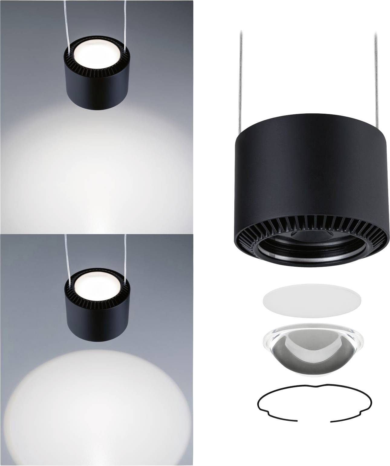 Čierne stropné svietidlo s valcovitým dizajnom, zobrazené v dvoch pohľadoch: rozsvietené a zhasnuté. Jednotlivé časti sú znázornené rozobrané.