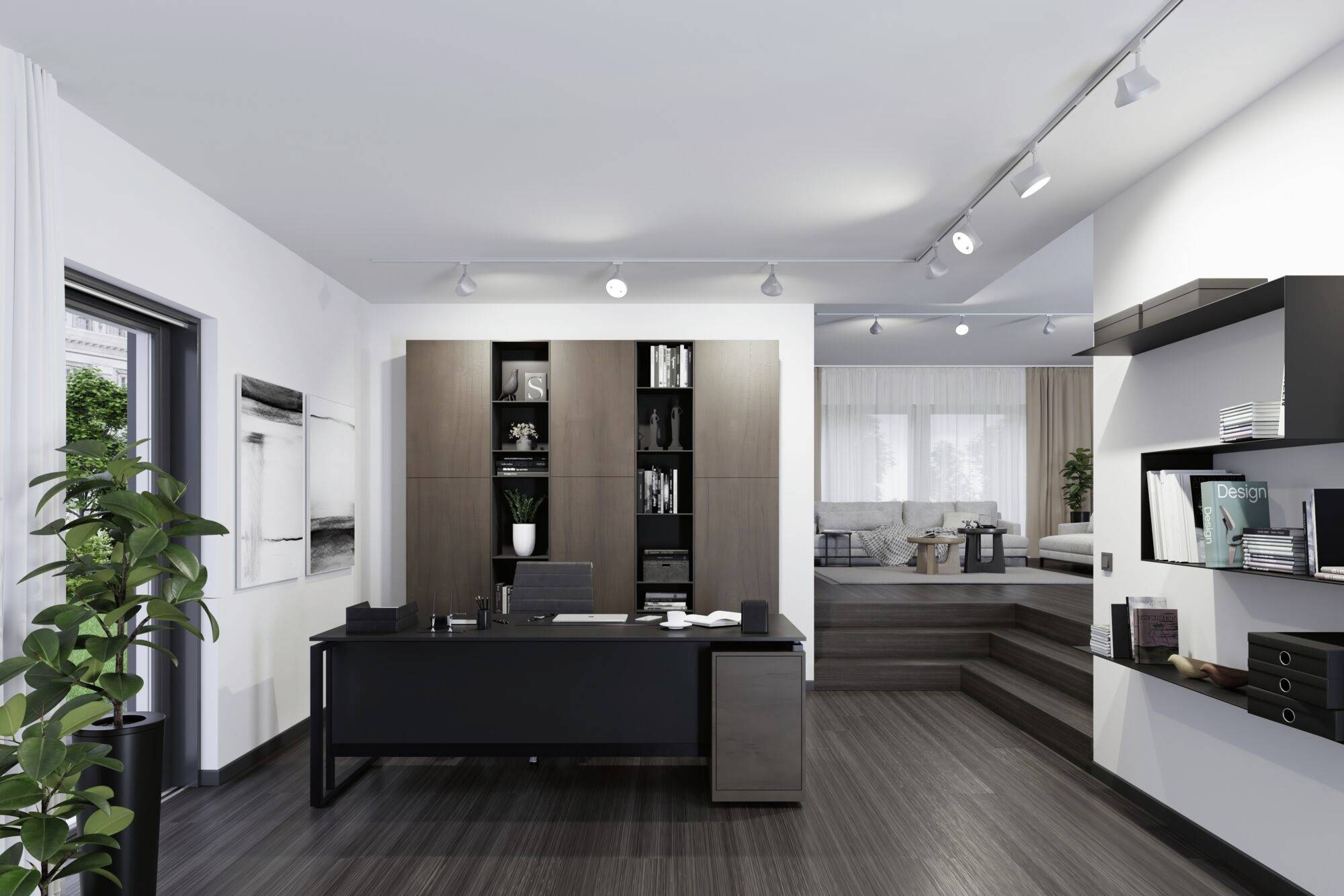 Moderná kancelária s tmavým písacím stolom a políčkami, svetlé steny. Rastliny a umenie na stenách. Priľahlý obytný priestor je viditeľný.