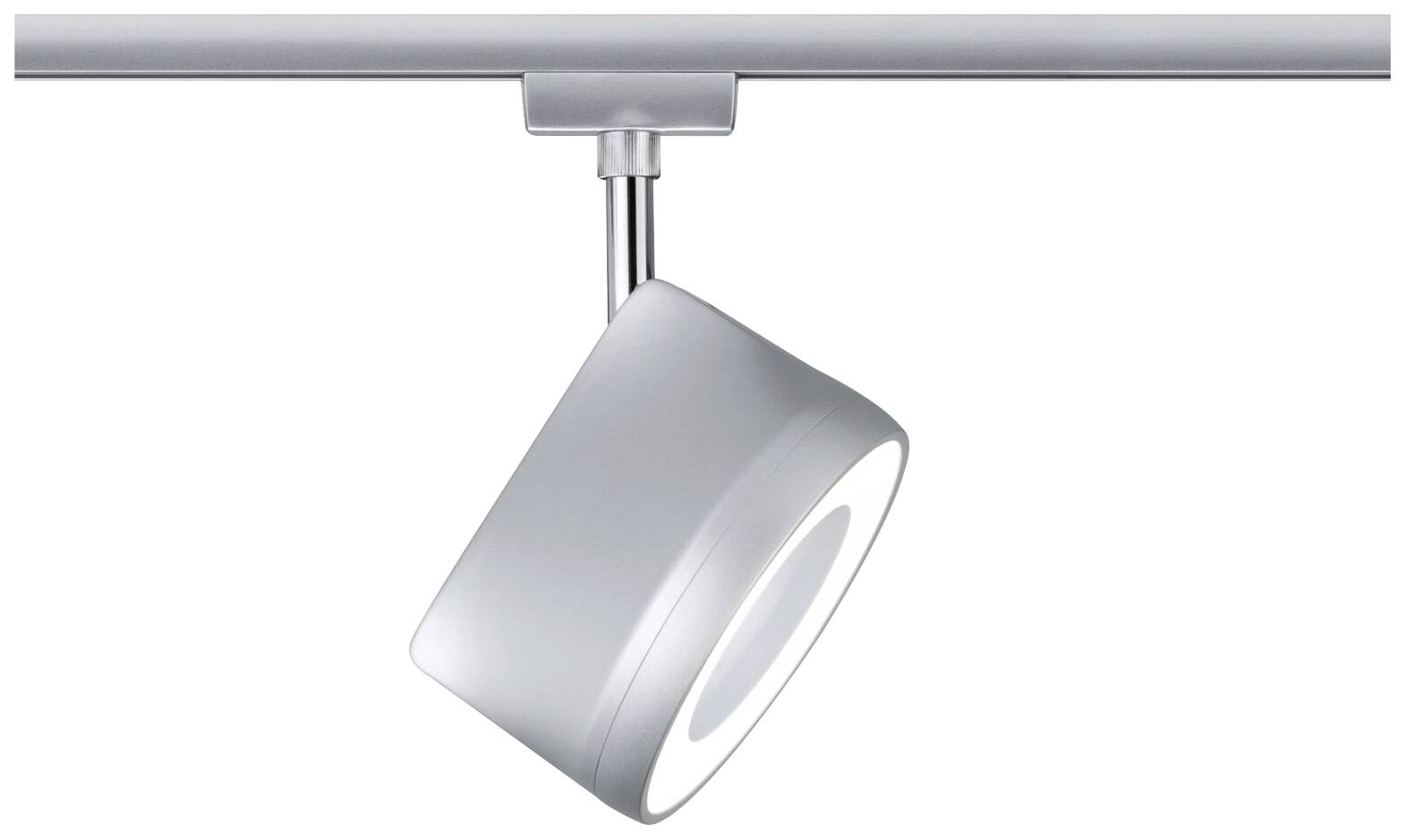 Moderný, valcovitý bodový reflektor s nastaviteľnou hlavou, namontovaný na stropnej lište pre cielenú svetelnú atmosféru.