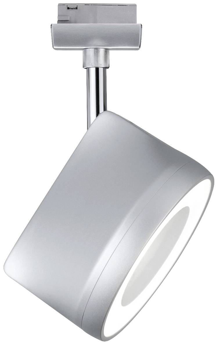 Strieborný stropný reflektor s moderným dizajnom a jasným LED svetlom, vhodný pre inštaláciu na lištu vo vnútorných priestoroch.