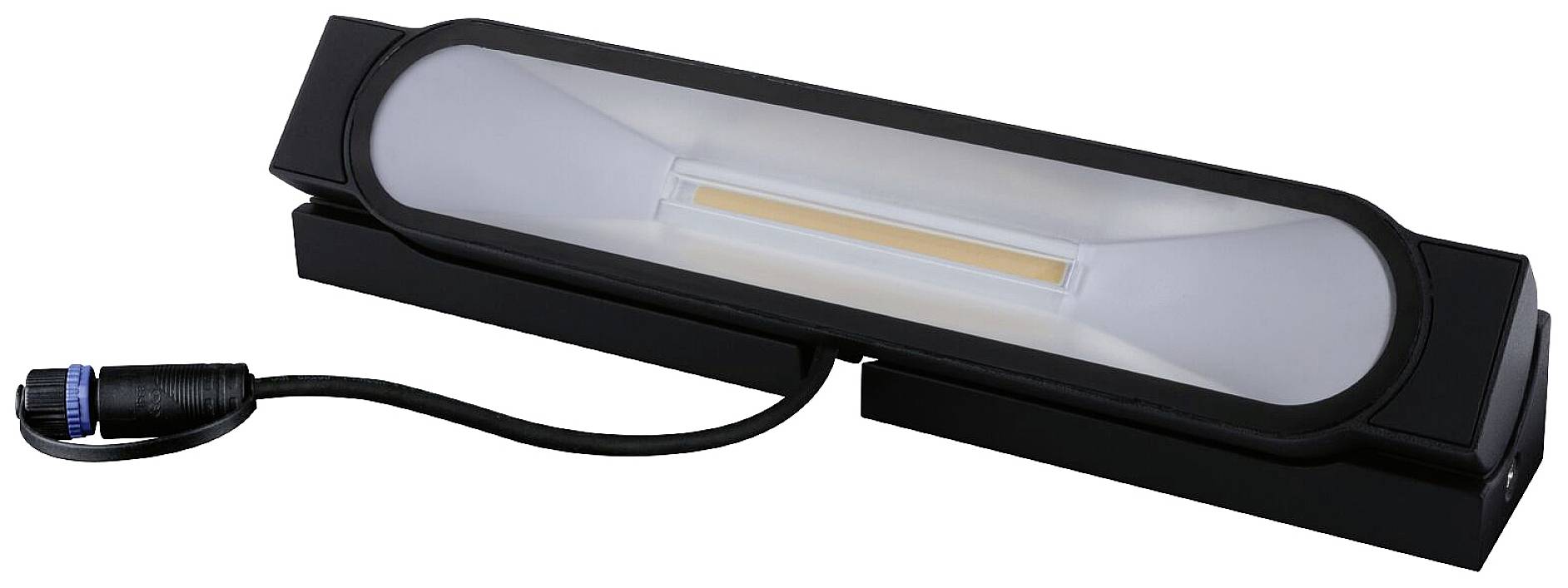 Čierna LED lampa s obdĺžnikovým krytom a polo-priehľadným krytom. Prepájací kábel s modrým konektorom je viditeľný.