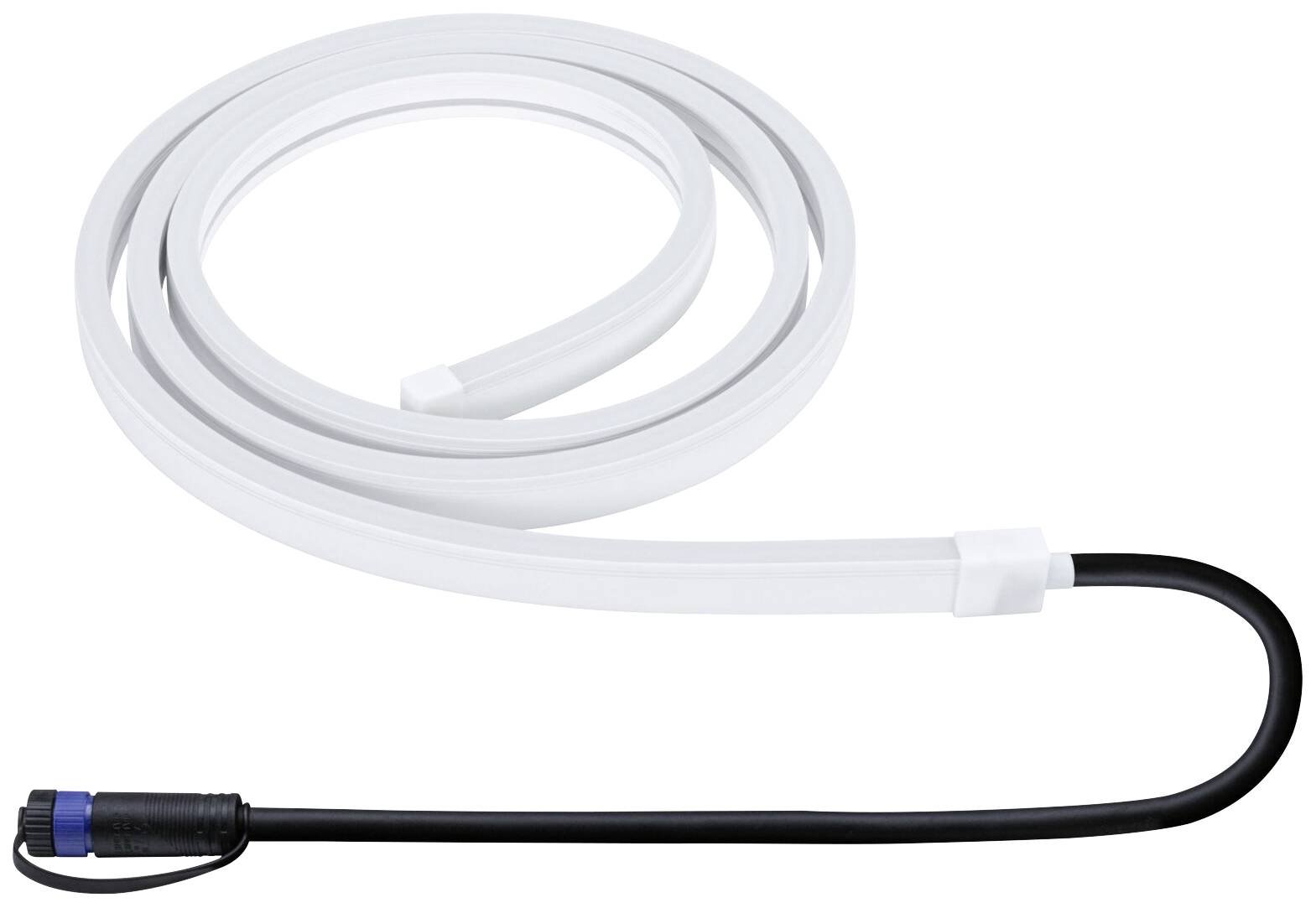 Biela LED svetelná lišta s čiernym káblom a modrým konektorom, zvinutá a pripravená na inštaláciu alebo dekoráciu.