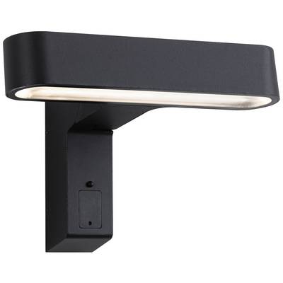Čierna, moderná nástenná lampa s obdĺžnikovým dizajnom a integrovaným LED svetlom, namontovaná na stene. Ideálna pre vonkajšie osvetlenie.