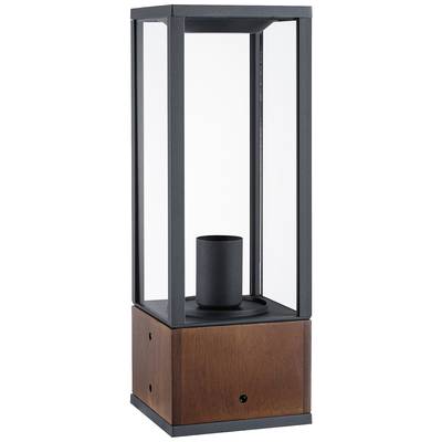 Moderná lampa s kovovým rámom a sklenenými stenami na drevenej základni. Je navrhnutá pre dekoratívne osvetlenie.