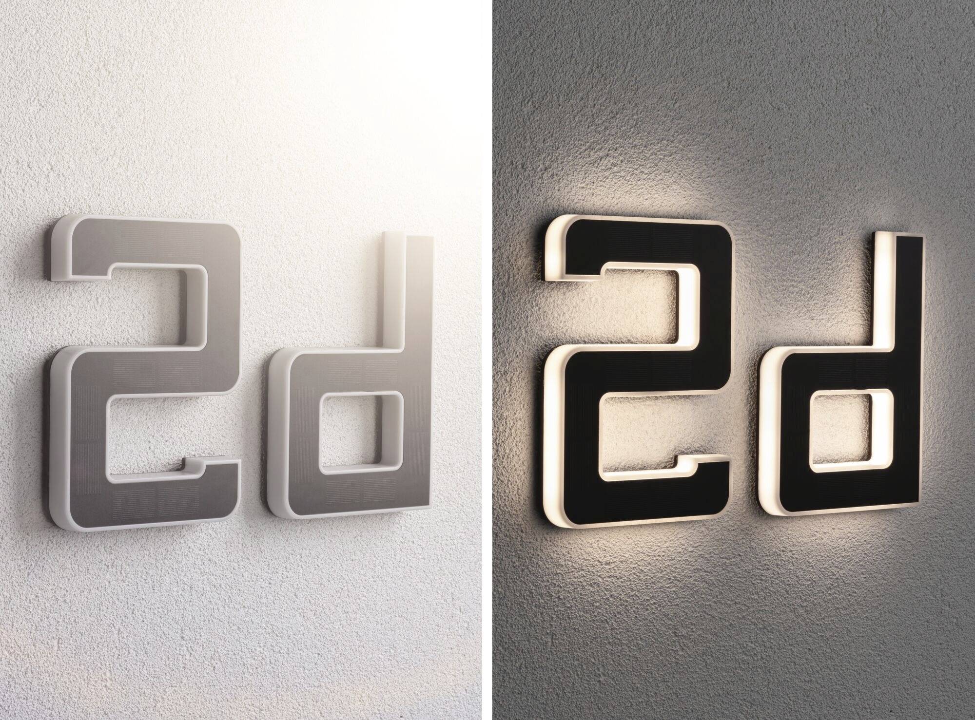 Čísla '2' a 'd' ako svietiace dekorácie na stenu. Vľavo matná, strieborná verzia, vpravo osvetlená, čierna varianta.