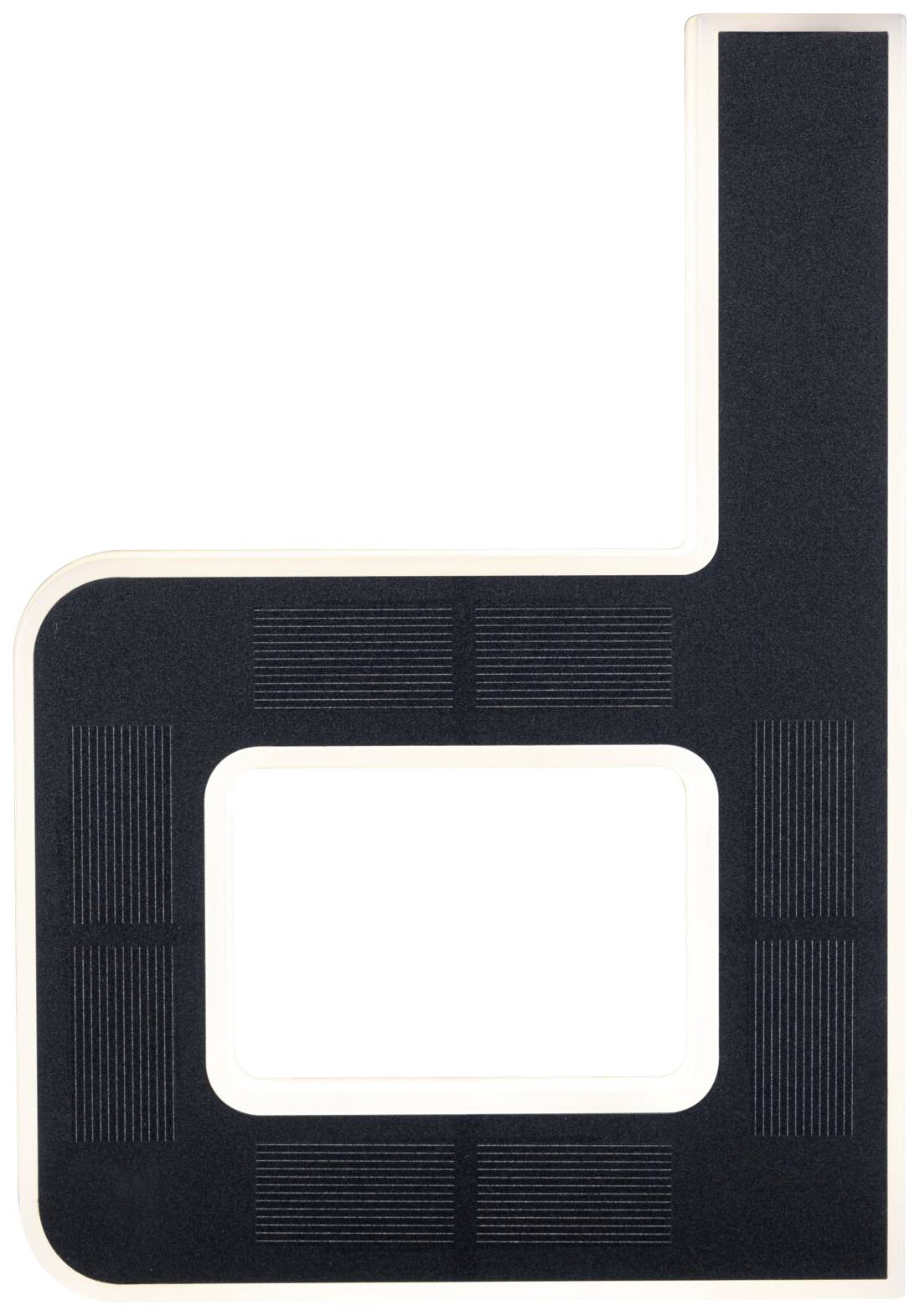 Čierna tabuľa v tvare písmena 'd', štylizovaná so štvorcovým výrezom v strede.