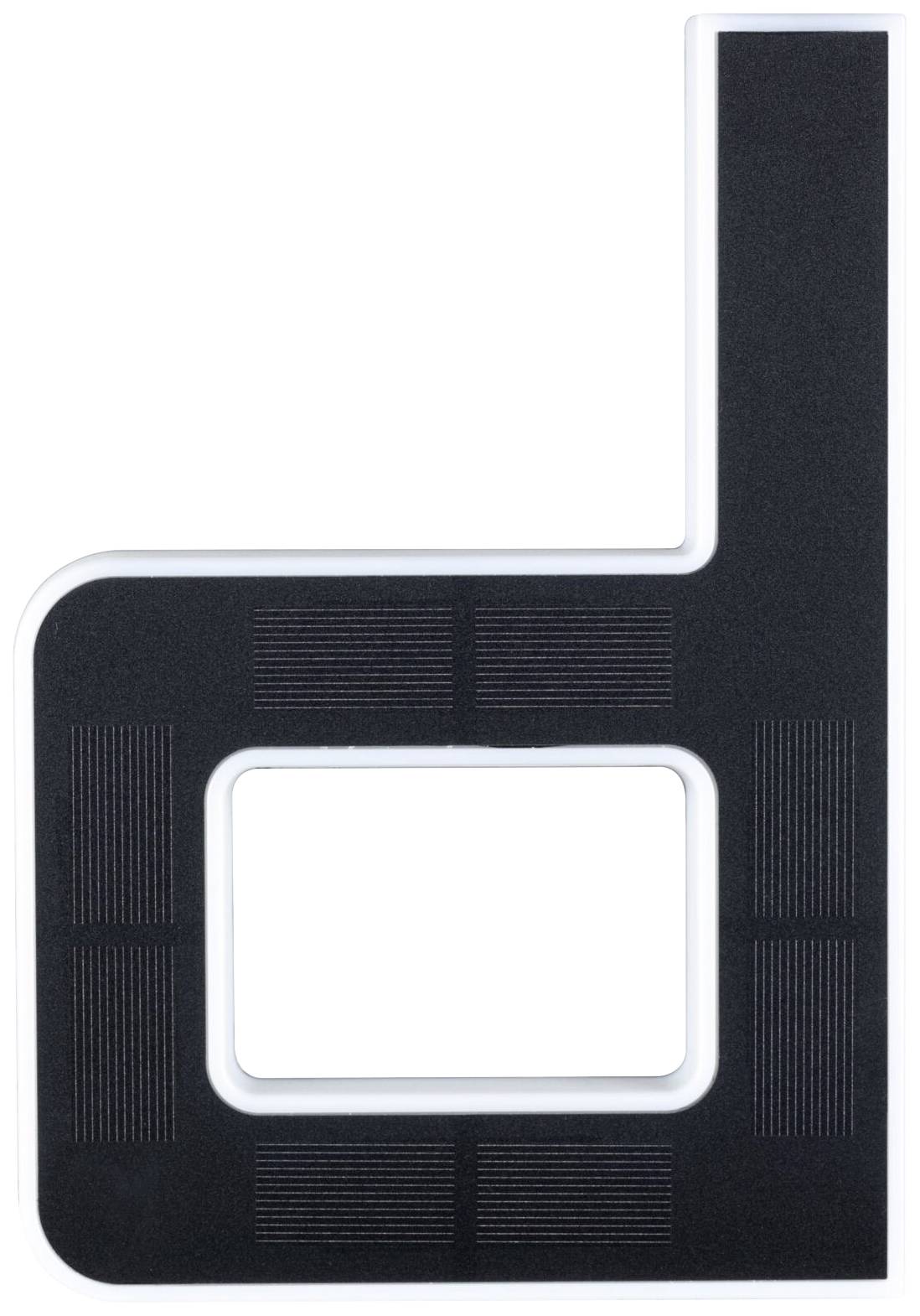 Štylizované písmeno 'd' v čiernej farbe so štvorcovým výrezom uprostred na bielom pozadí.