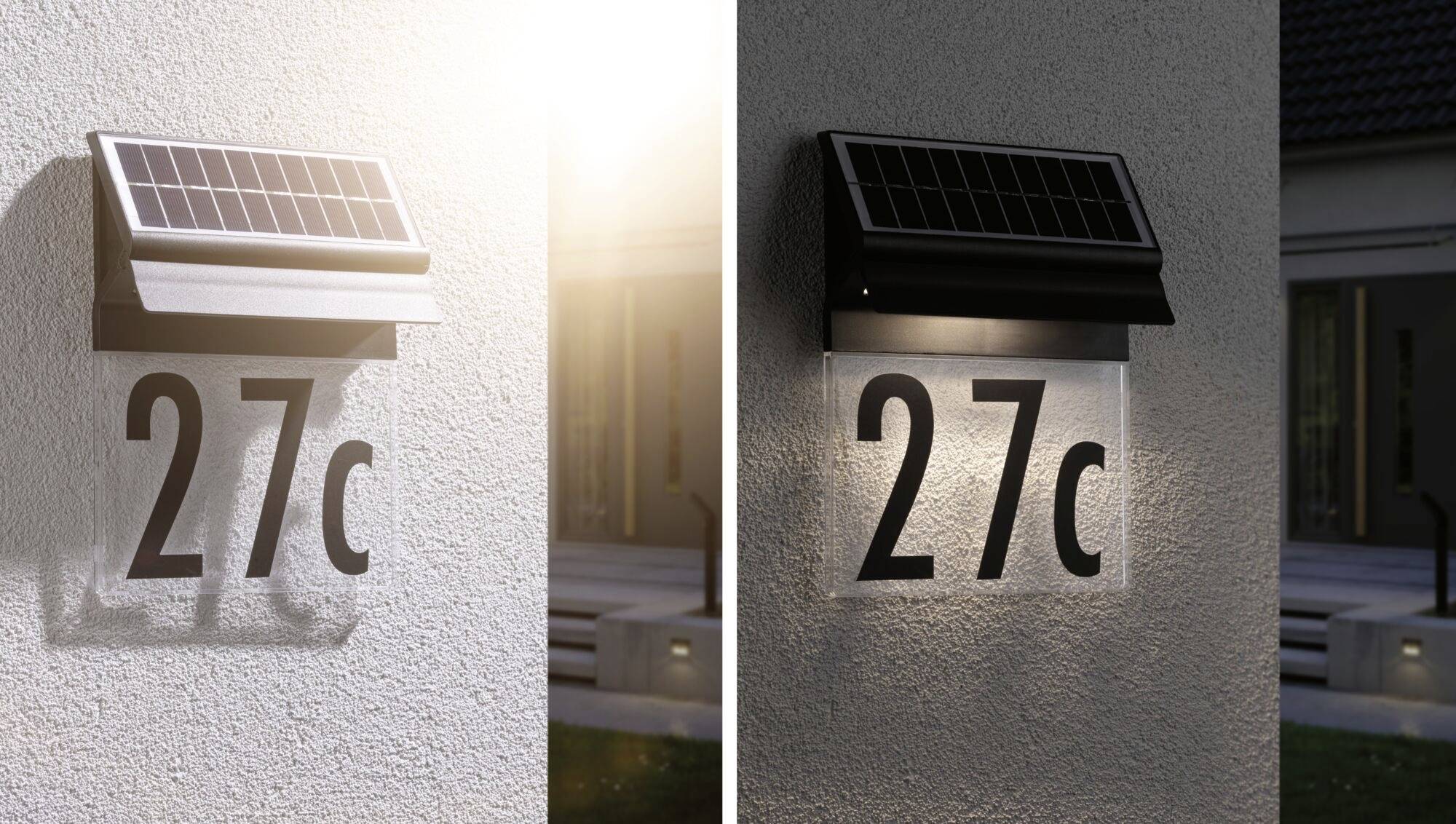 Solárne podsvieteného čísla domu 27c počas dňa a v noci. Vľavo na slnku bez osvetlenia, vpravo svietiace v tme.