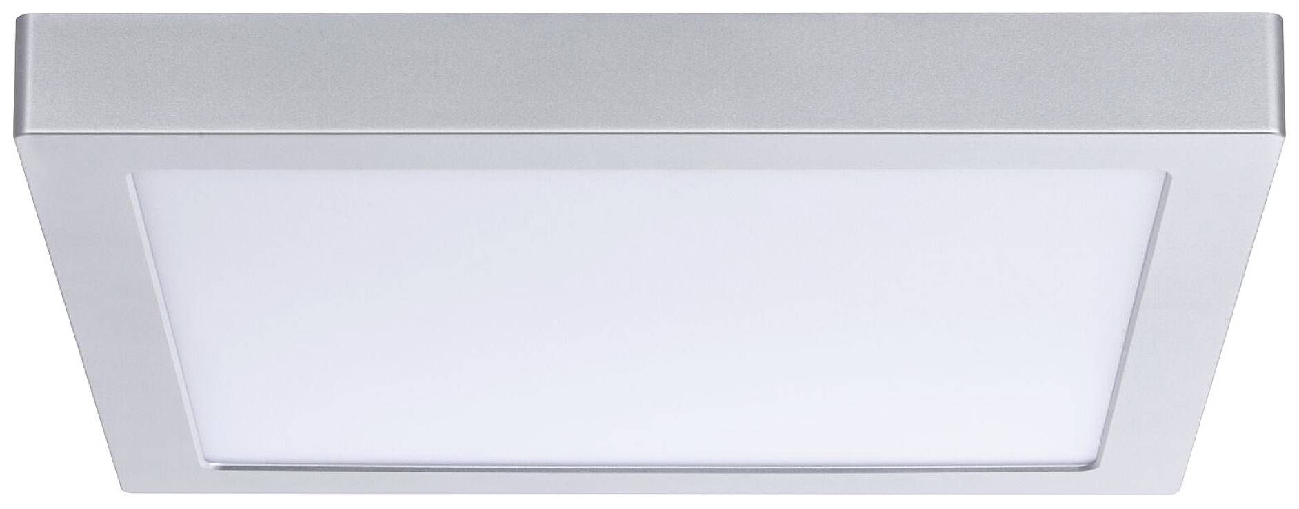 Plochá, štvorcová stropná lampa so strieborným rámom a mliečnym difúzorom, vhodná do moderných interiérov.