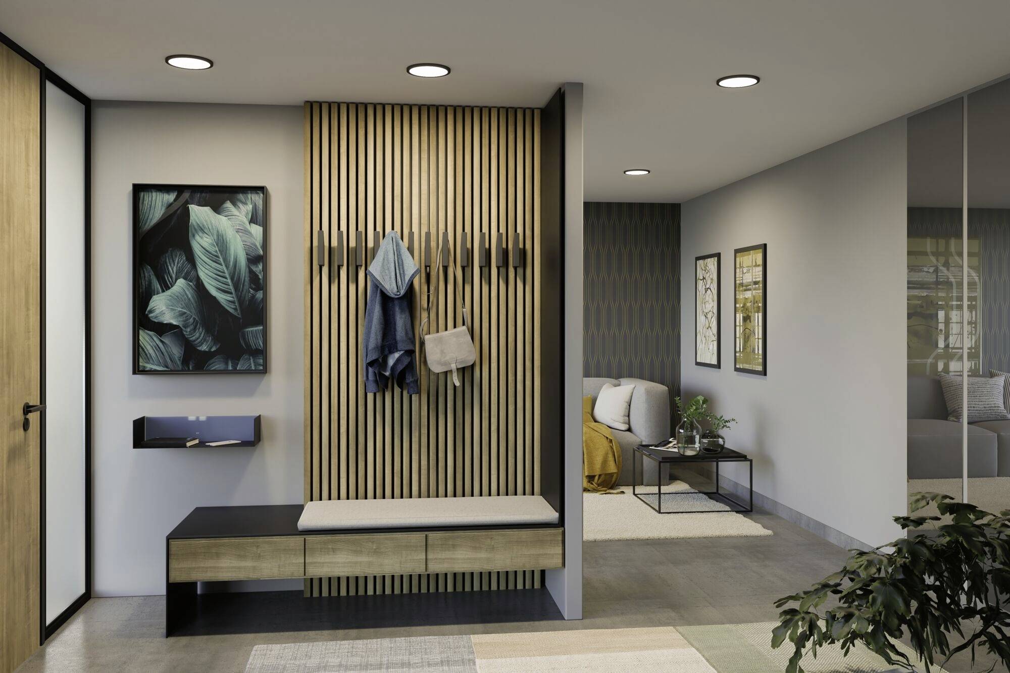 Moderný vstupný priestor s drevenou lamovanou stenou, lavicou a vešiakom na kabáty. V pozadí obytná miestnosť s pohovkou a obrazmi.