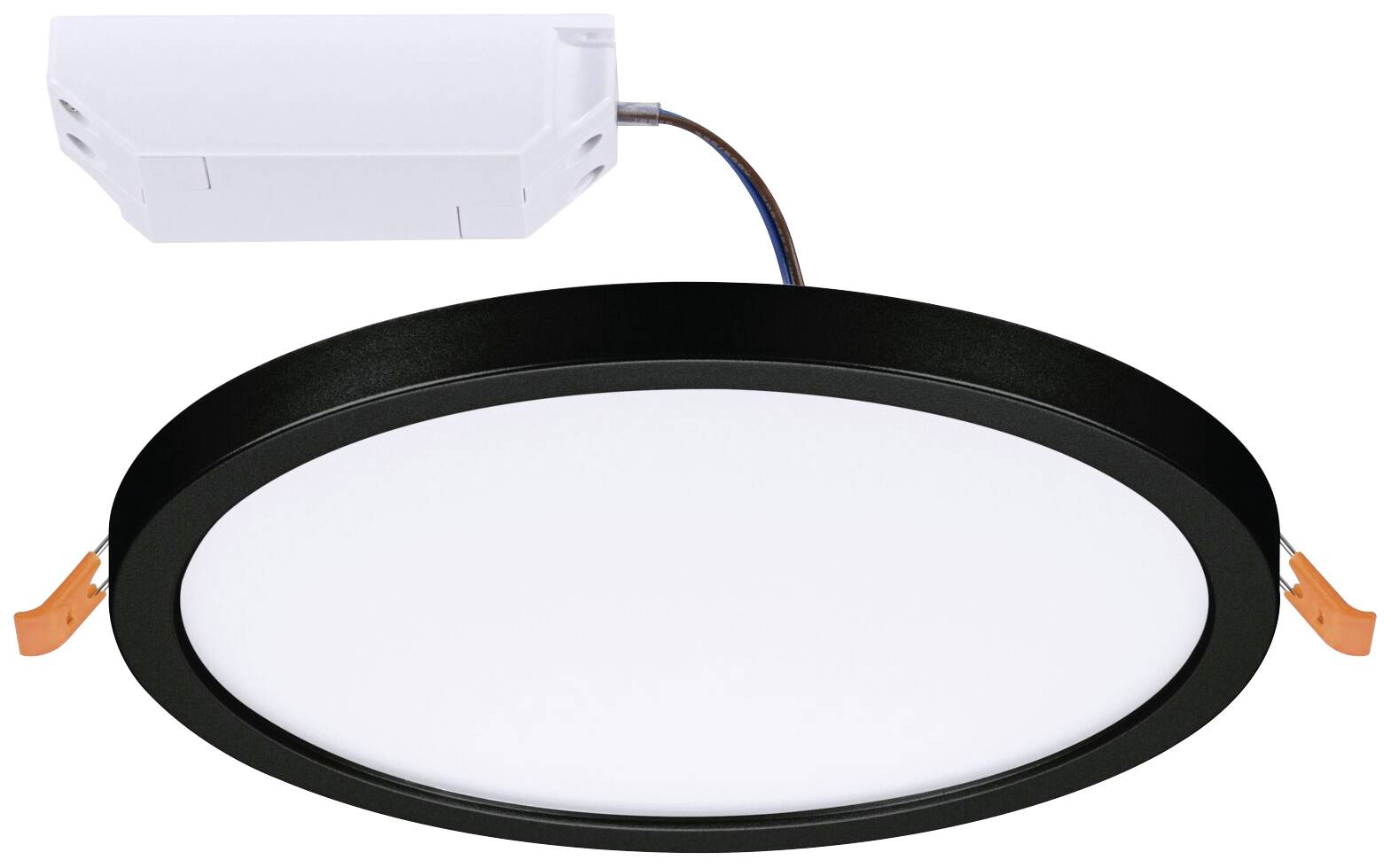 Okrúhle ploché stropné LED svietidlo v čiernej farbe s bielou svetelnou plochou, dvoma oranžovo-sivými klipsami a externým napájacím adaptérom hore.