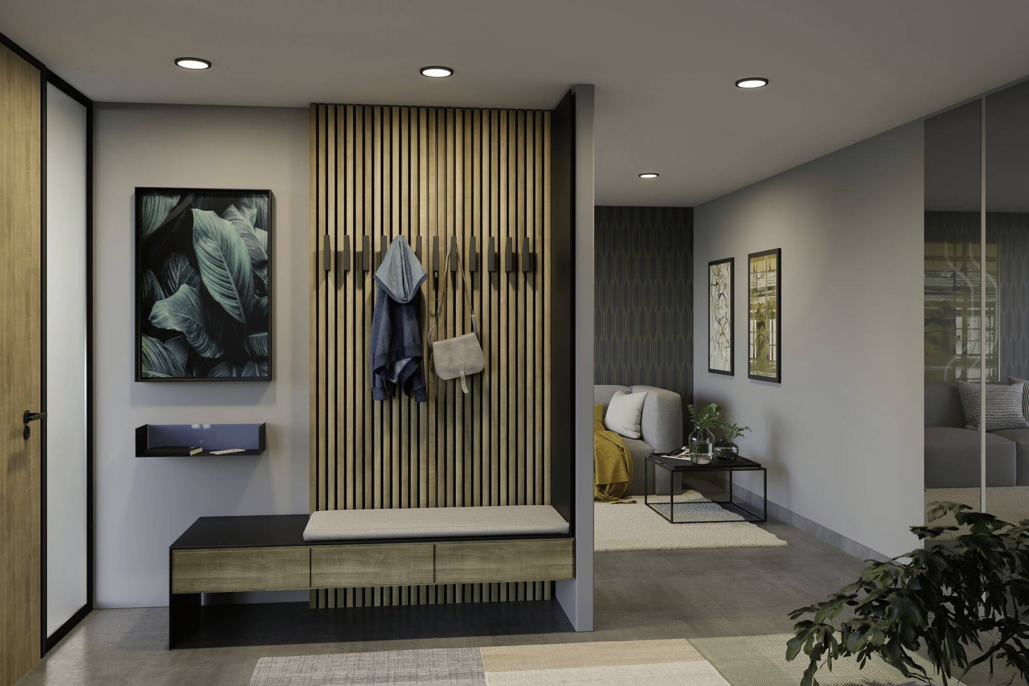 Moderný vstupný priestor s dreveným obložením, vešiakovou lištou, minimalistickou lavicou a prírodnými obrazmi na stene.