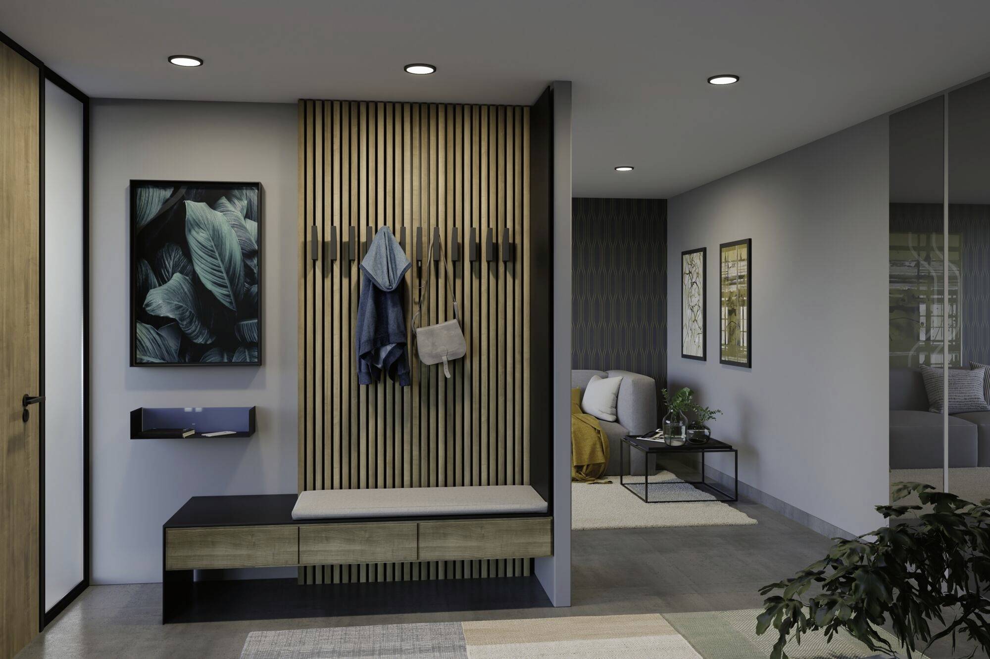 Moderný vstupný priestor s drevenými prvkami, šatňa s oblečením a taškou. Svetlý, minimalistický interiér s umením na stenách.