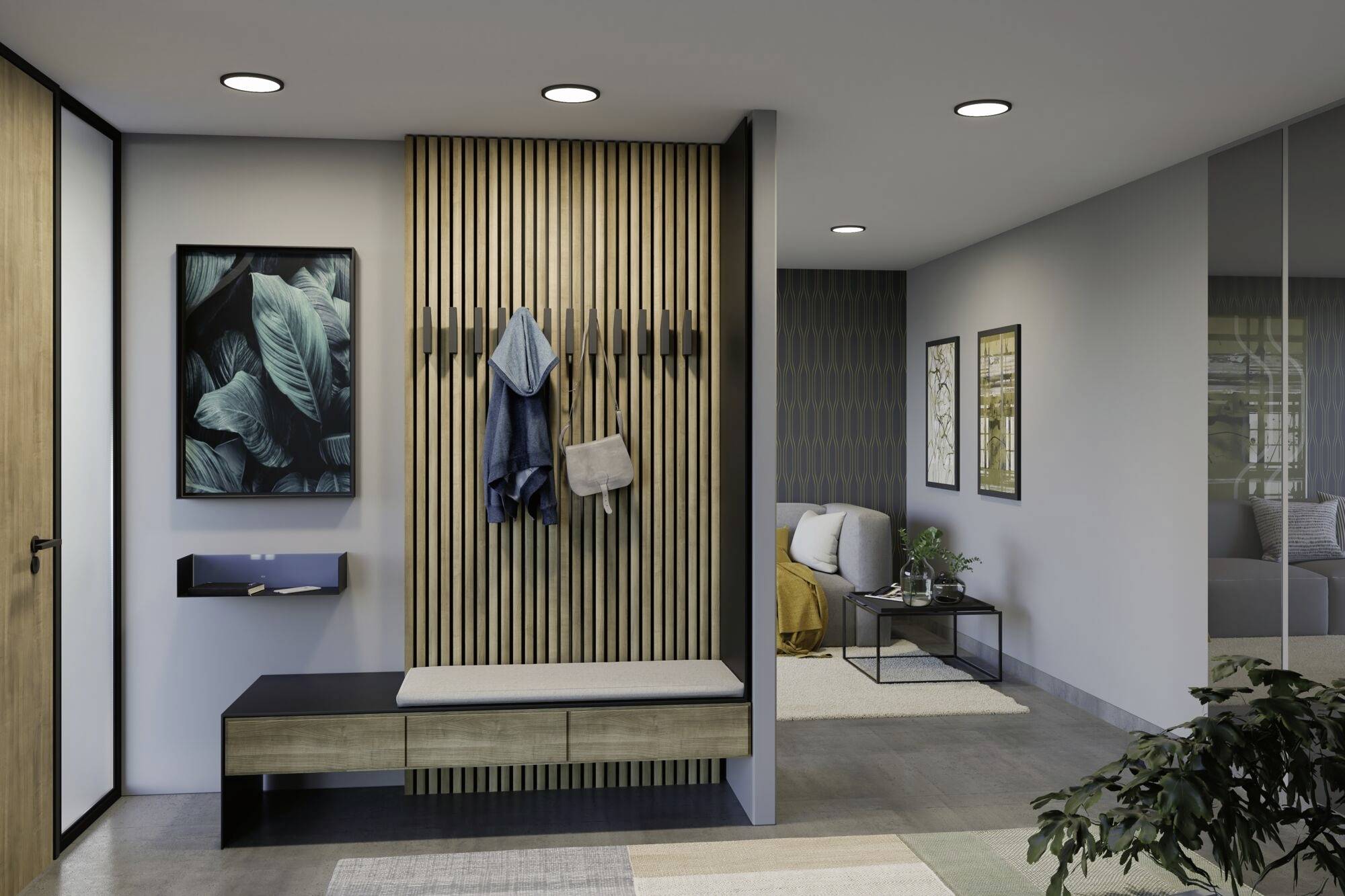 Moderný vstupný priestor s dreveným obložením, stenové háčiky a čalúnená lavička. Umelecké dielo, bunda a taška zavesené na stene.