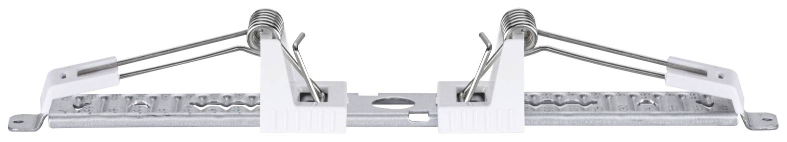 Kovový mechanizmus klipovej pružiny so dvomi pružinami a svorkami, často používaný na upevnenie svietidiel do stropných dosiek.