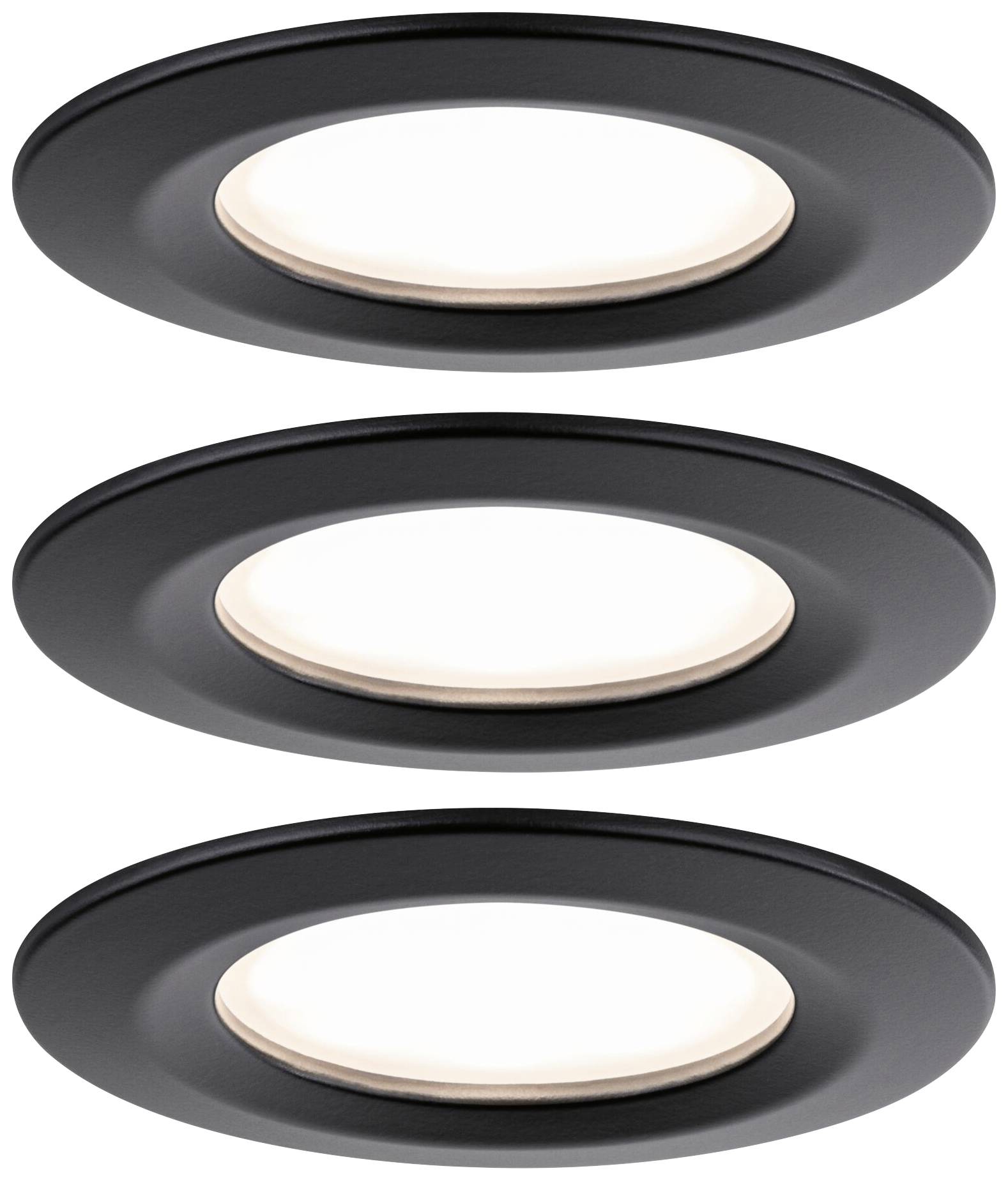 Tri čierne LED podhľadové svietidlá v kruhovom tvare, svietiace z bieleho difúzora, usporiadané na bielom pozadí.