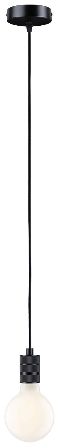 Čierna, moderná závesná lampa s jednoduchým dizajnom a guľovitým béžovým svietidlom, zavesená zo stropu.