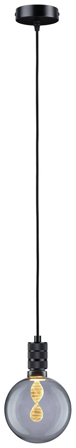 Čierna závesná lampa s viditeľným, špirálovo tvarovaným žeraviacim drôtom vo vnútri žiarovky.