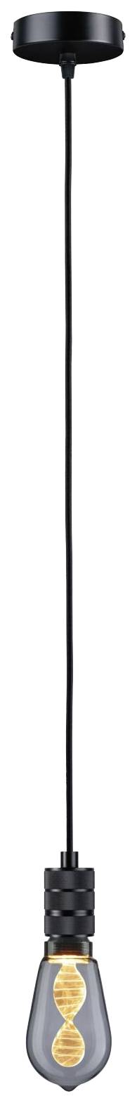 Čierne závesné svietidlo so viditeľným žeraviacim vláknom v žiarovke.