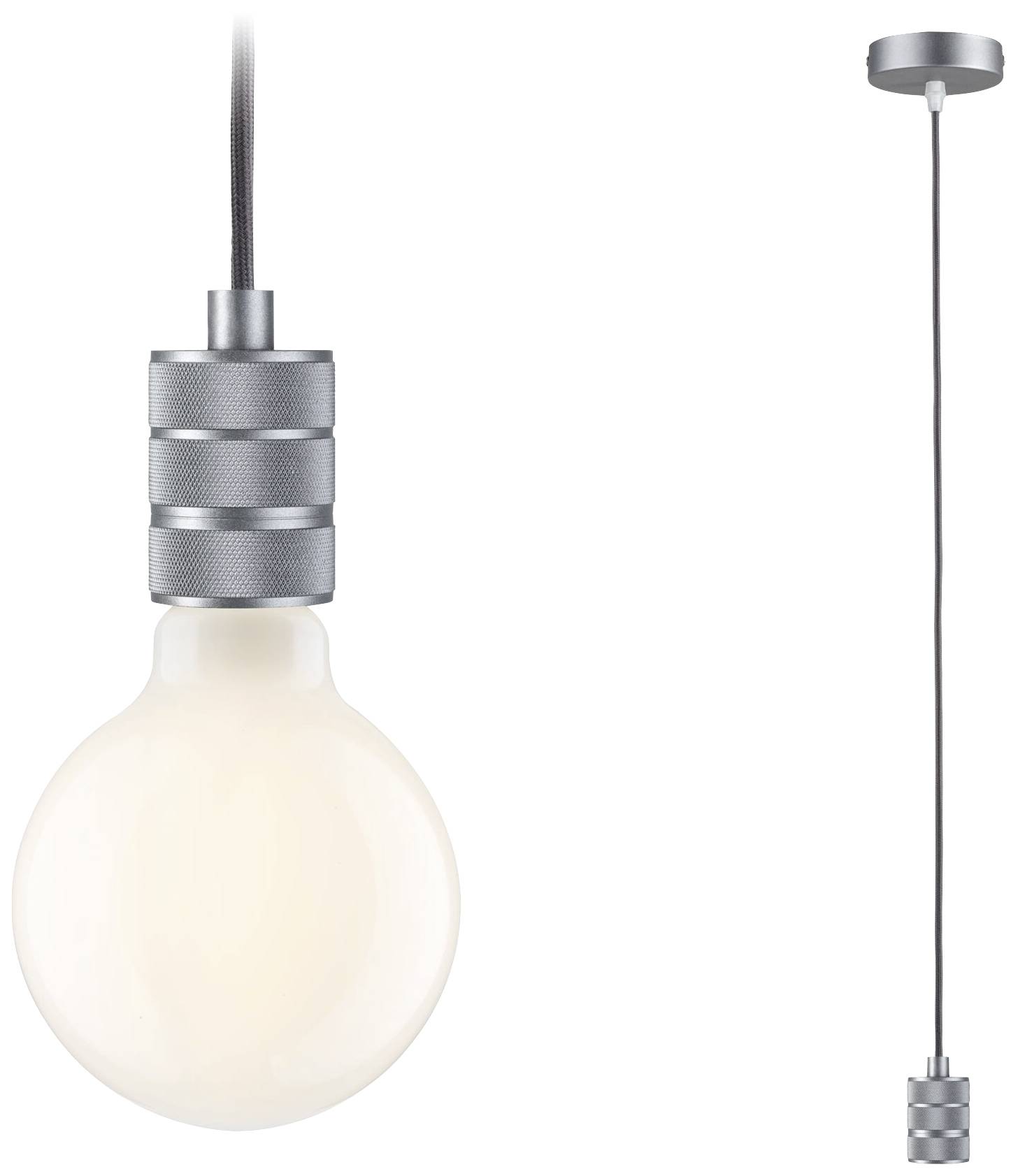 Závesná lampa s veľkou, okrúhlou žiarovkou a sivým kovovým podstavcom. Stropné upevnenie s dlhým káblom. Moderný dizajn.