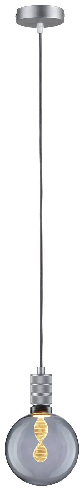 Guľatá závesná lampa so viditeľným špirálovým vláknom. Moderný, minimalistický dizajn s kovovým tienidlom a sivým káblom.