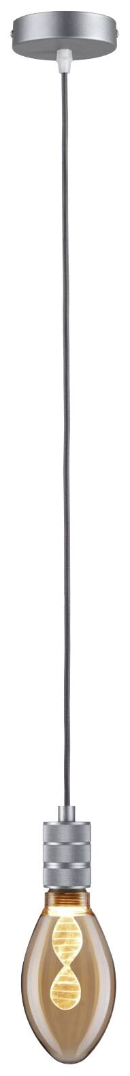 Žiarovka s otvorennou špirálou zavesená v kovovom objímke. Pätica je pripojená k dlhému, tenkému káblu.