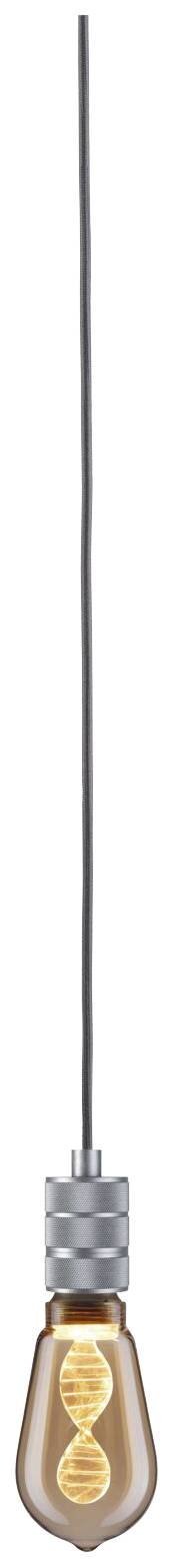 Žiarovka s volfrámovou dvojitou hélixovou konštrukciou, zavesená vertikálne, rozsvietená.