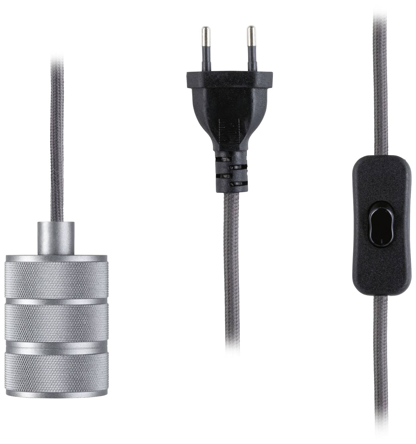 Na obrázku je sivý sieťový kábel s európskou zástrčkou, vypínačom a vrúbkovanou objímkou lampy.