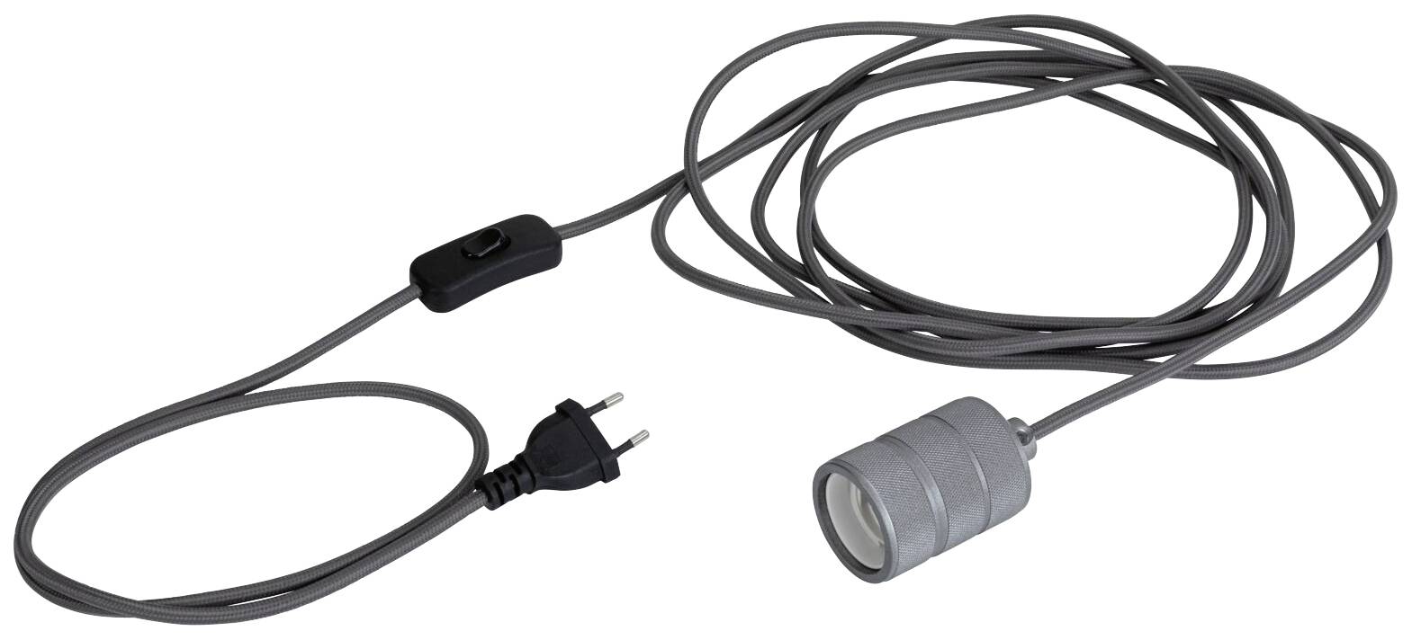 Sivý elektrický kábel so Schuko zástrčkou, vypínačom a objímkou na žiarovku.