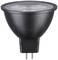 Čierna LED bodová lampa so soketom GU10 je znázornená. Slúži na energeticky úsporné osvetlenie a má vrúbkovaný povrch.