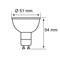 Diagram LED žiarovky GU10 s rozmermi: priemer 51 mm, výška 54 mm.