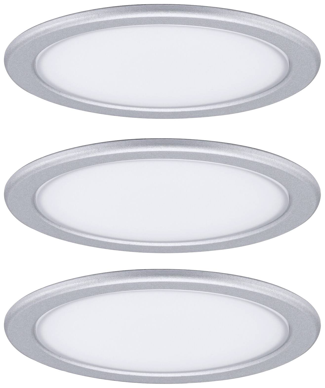 Tri okrúhle strieborné LED svetlá s bielym povrchom, usporiadané nad sebou. Majú plochý, moderný štýl.