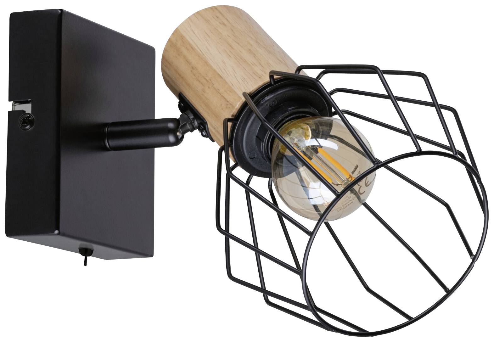 Čierna nástenná lampa s dreveným držiakom a viditeľnou žiarovkou v drôtenom, geometrickom tienidle.