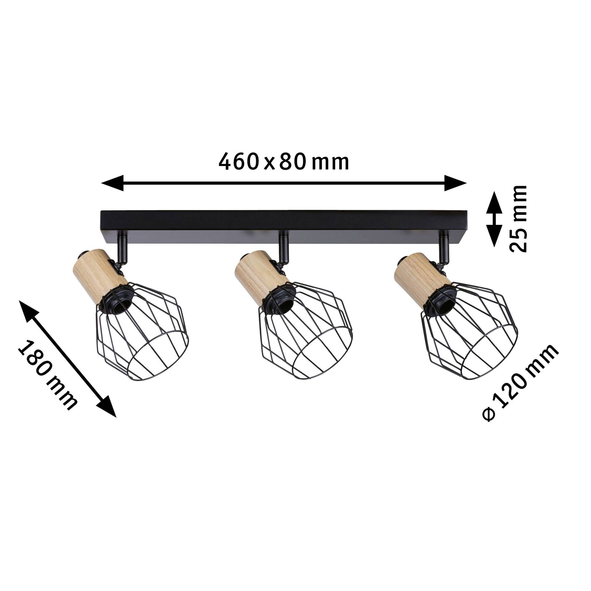 'Tri čierne stropné reflektory s geometrickými drôtenými rámami a soklami podobnými drevu. Rozmery: 460 x 80 mm, výška 25 mm, priemer 120 mm, hĺbka 180 mm.'