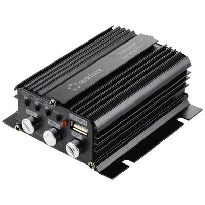 Čierny 2-kanálový autozvukový zosilňovač s hliníkovým krytom, tromi nastavovacími gombíkmi vpredu, USB vstupom a značkou 'renkforce'.