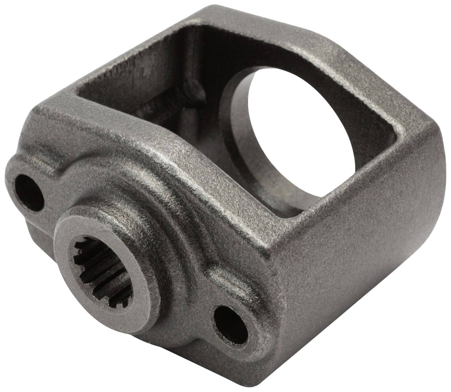 Kovový kryt prevodu s valcovými otvormi a montážnymi otvormi, pravdepodobne súčasť mechanického systému.