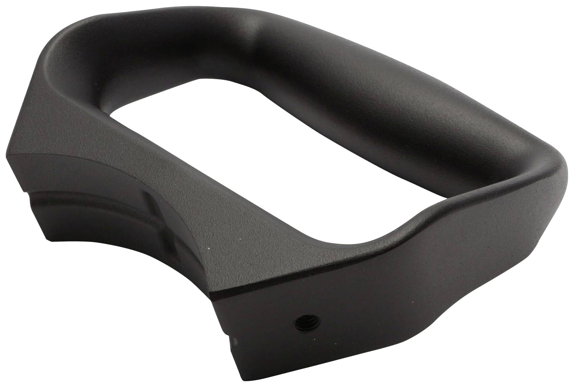 Čierna plastová rukoväť, ergonomicky tvarovaná, vhodná pre nástroje alebo zariadenia.