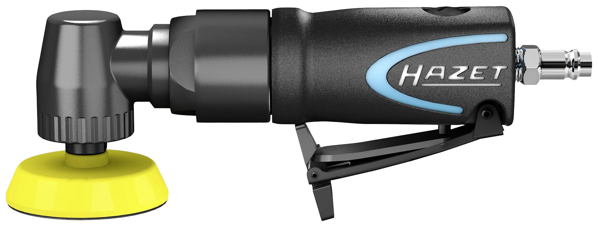 Pneumatická uhlová brúska značky Hazet, čierna s modrým zdobením a žltým brúsnym kotúčom umiestneným vpravo.