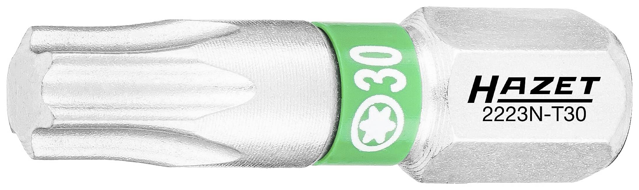 Strieborný Torx bit T30 od spoločnosti Hazet so zeleným označením a identifikáciou '2223N-T30'.