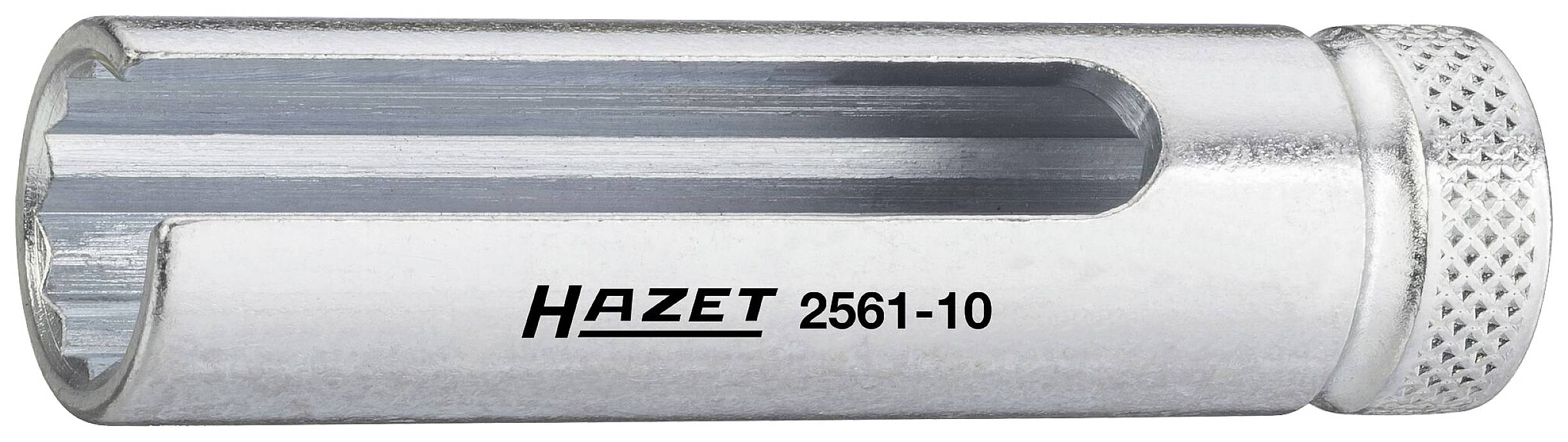 Strieborný kľúč na zapaľovacie sviečky značky Hazet s modelovým číslom 2561-10 disponuje bočným otvorom pre lepšiu manipuláciu.
