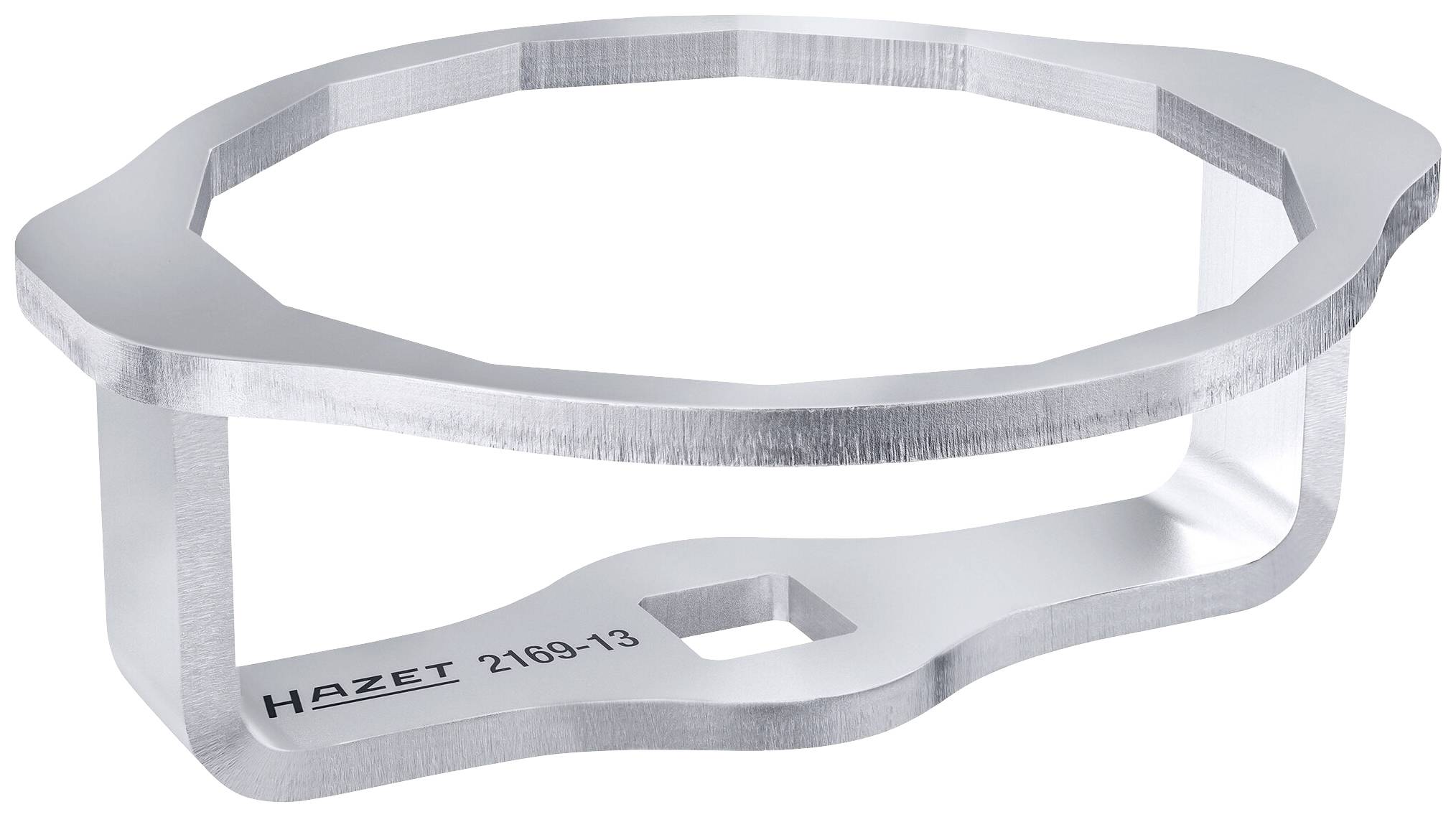 Kovový krúžok od HAZET, model 2169-13, s oválnym, hrananým dizajnom a obdĺžnikovým otvorom na spodnej strane.