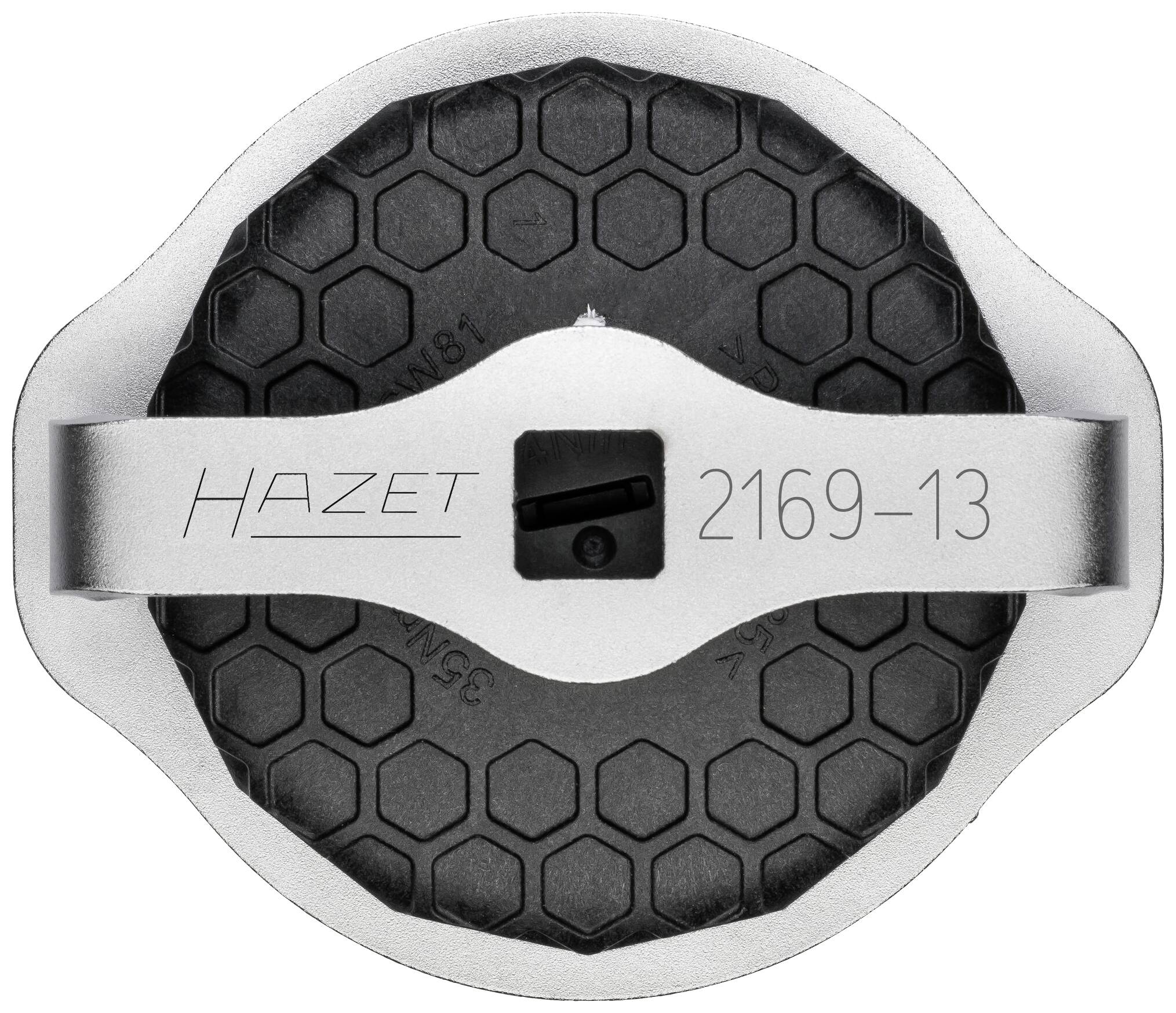 Špeciálny nástroj od Hazet, model 2169-13, s protišmykovou štruktúrou bunkovitého tvaru a striebornou rukoväťou, vhodný na výmenu olejového filtra.