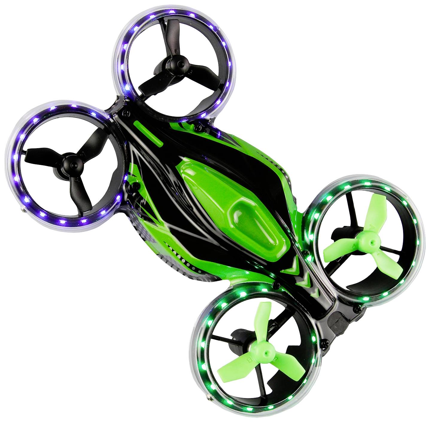 Čierno-zelená dron s tromi vrtuľami, obklopená žiariacimi LED svetlami.