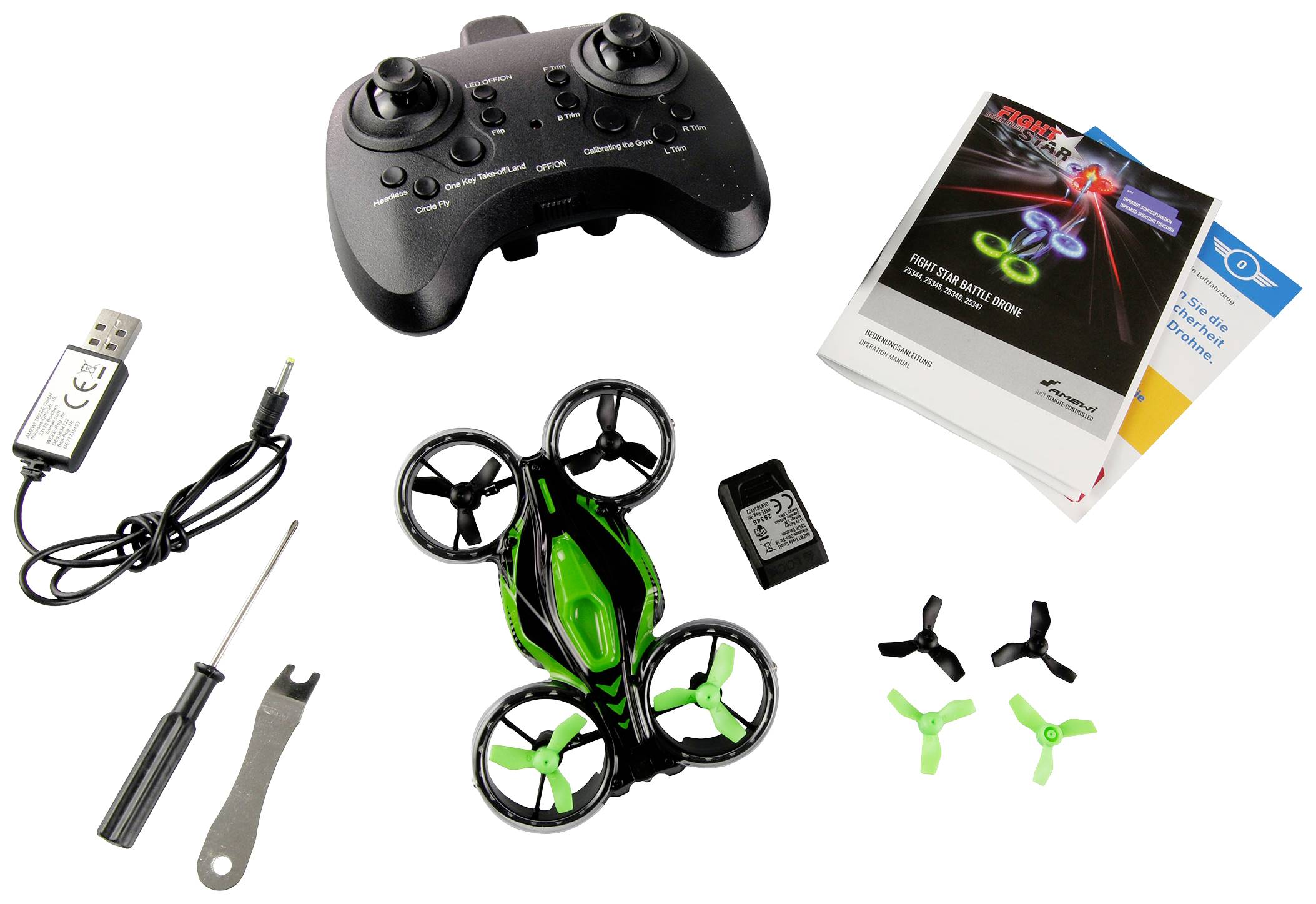 Súprava dronu s diaľkovým ovládačom, náhradnými vrtuľami, batériou, USB nabíjacím káblom, nástrojom a návodom na obsluhu.