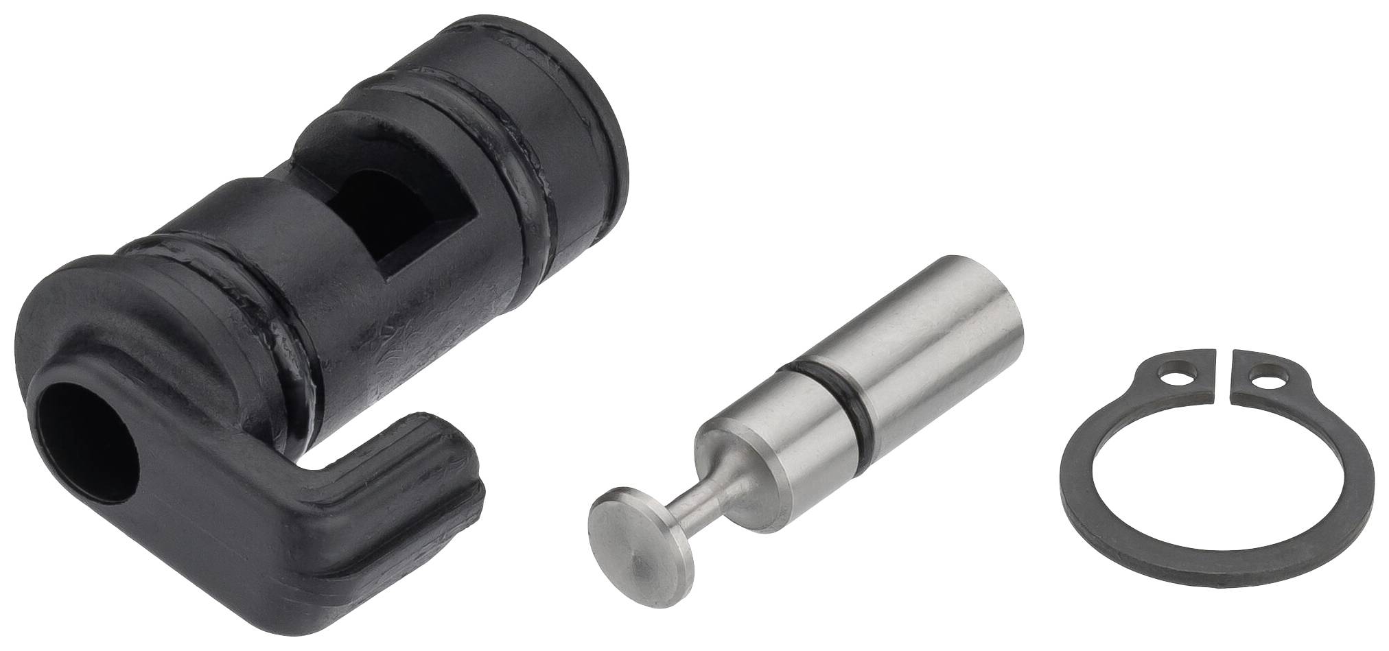 Čierna plastová súčiastka, kovový kolík a kovový krúžok na svetlom pozadí. Tieto prvky by mohli byť súčasťou mechanického systému.