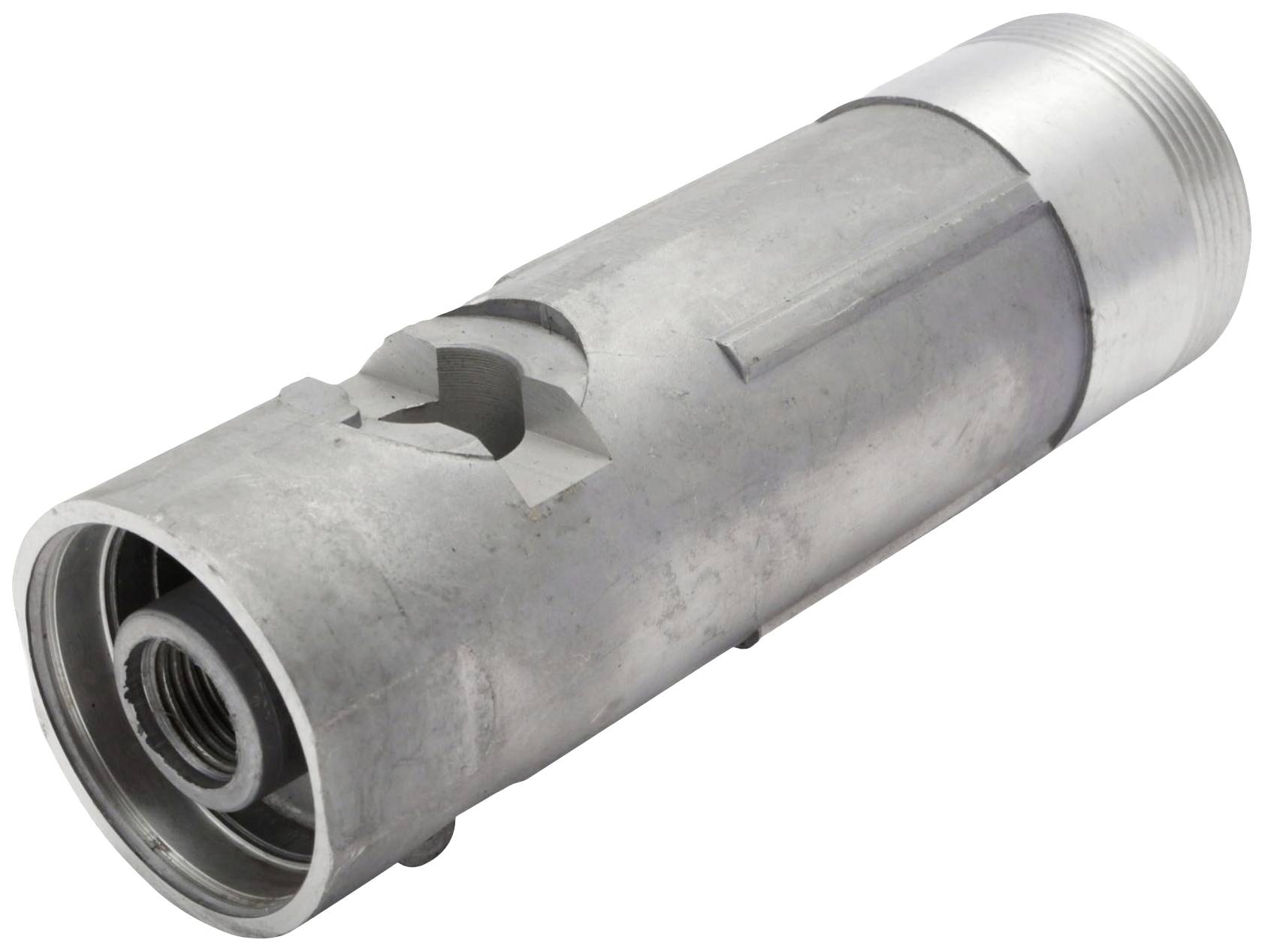 Valcovitá kovová súčiastka so závitmi na oboch koncoch, pravdepodobne určená pre mechanickú alebo technickú aplikáciu.