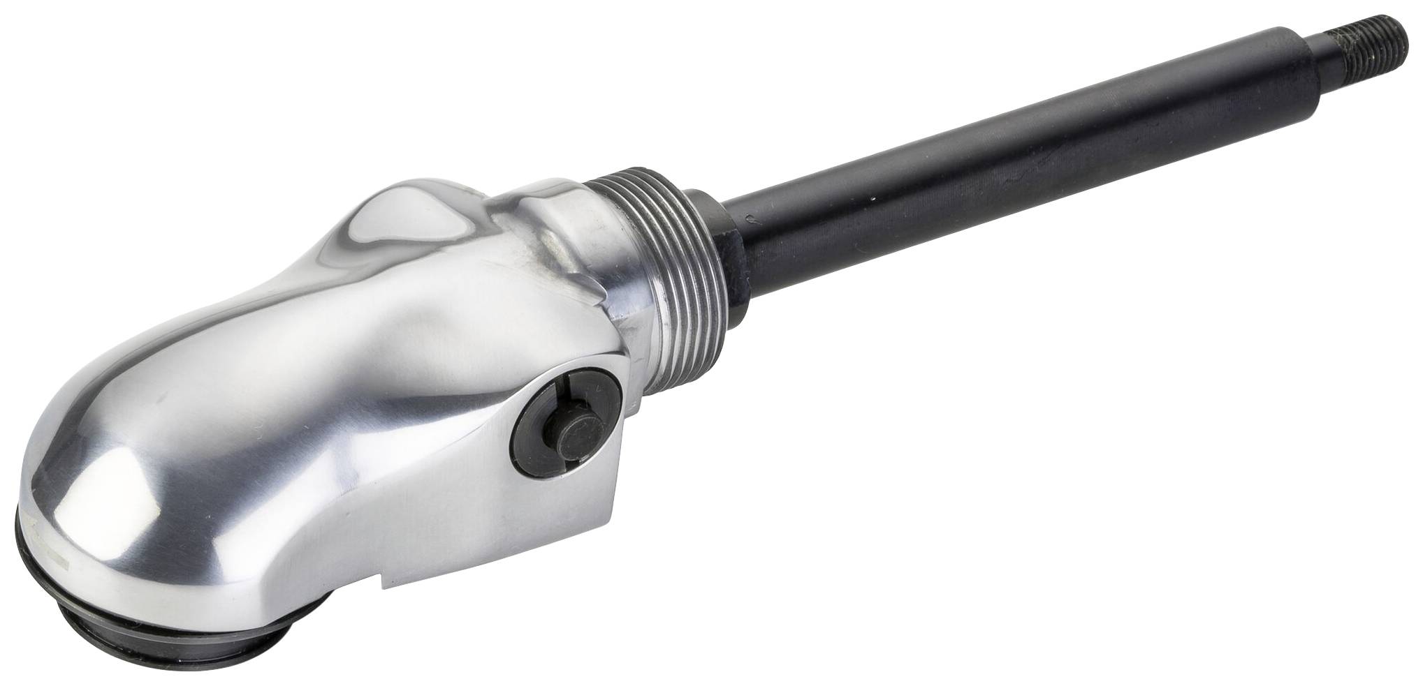 Strieborný, kovový gombík s dlhhou čiernou rukoväťou, pravdepodobne súčasť nejakého nástroja alebo mechanického zariadenia.