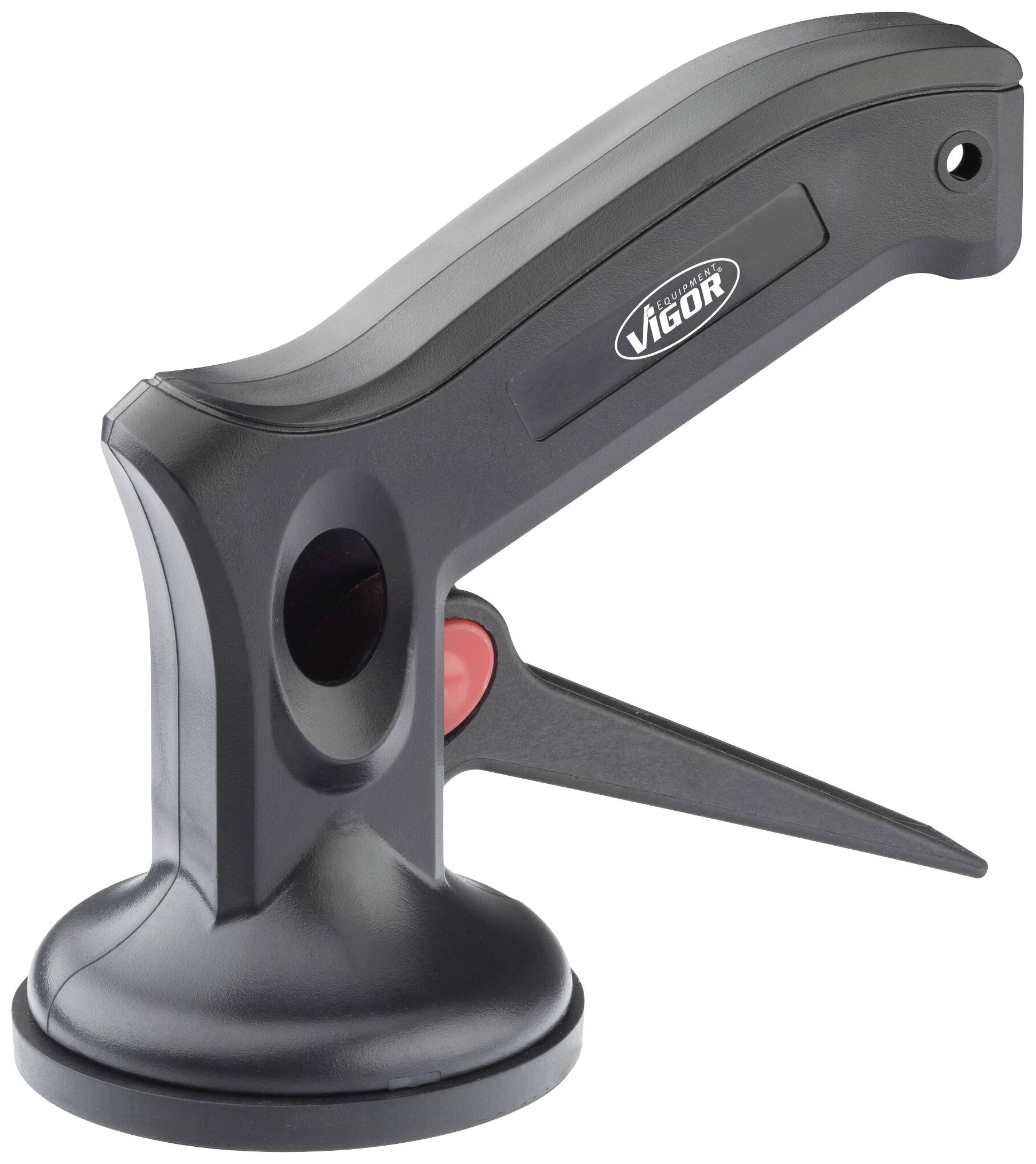 Čierny prísavkový úchyt pre sklenené a platňové montáže, ergonomický dizajn, viditeľná značka 'VIGOR'.
